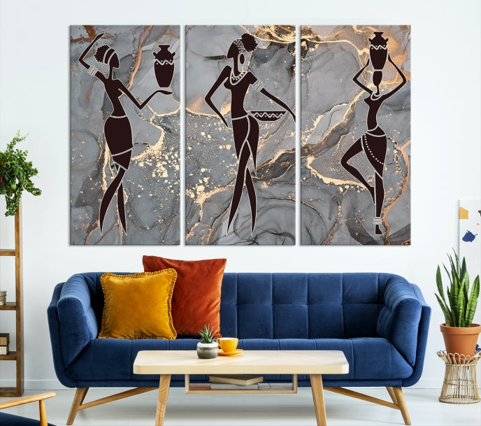 Gray Gold African Women Canvas Art Print Framed Ready to Hang