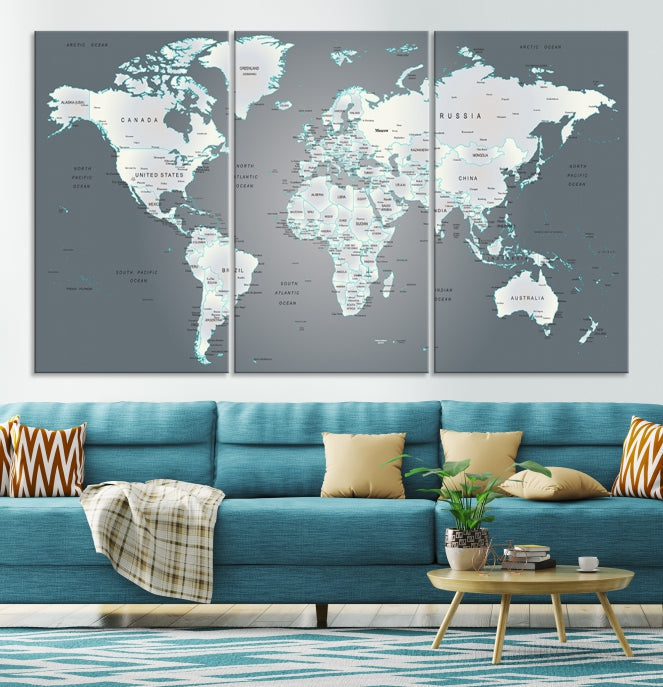 Gray World Map Push Pin Travel Map Canvas Wall Art Giclee Print