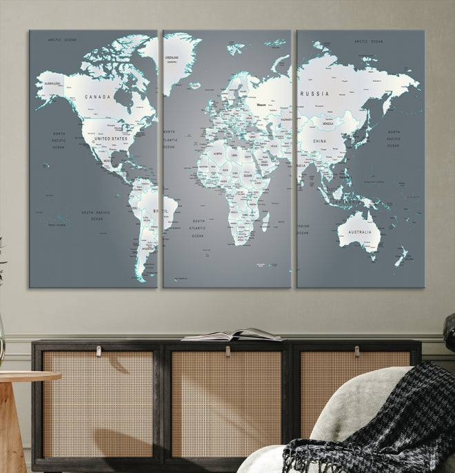 Gray World Map Push Pin Travel Map Canvas Wall Art Giclee Print