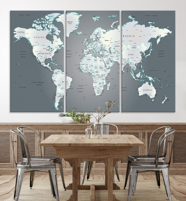 Gray World Map Push Pin Travel Map Canvas Wall Art Giclee Print