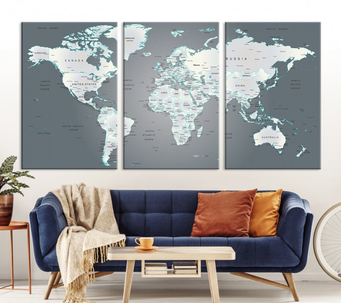 Gray World Map Push Pin Travel Map Canvas Wall Art Giclee Print