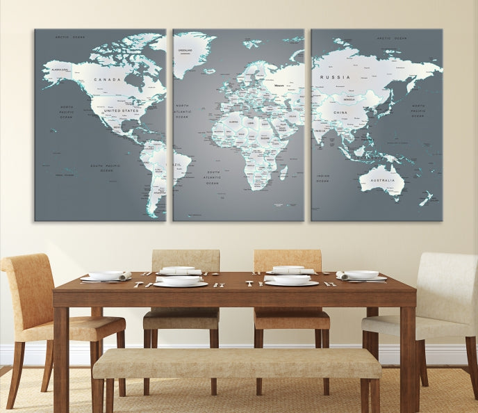 Gray World Map Push Pin Travel Map Canvas Wall Art Giclee Print