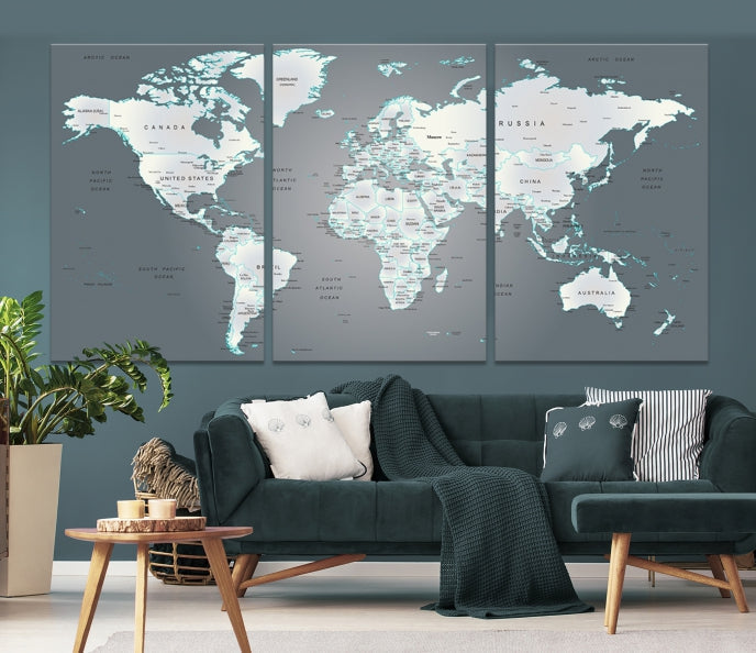 Gray World Map Push Pin Travel Map Canvas Wall Art Giclee Print