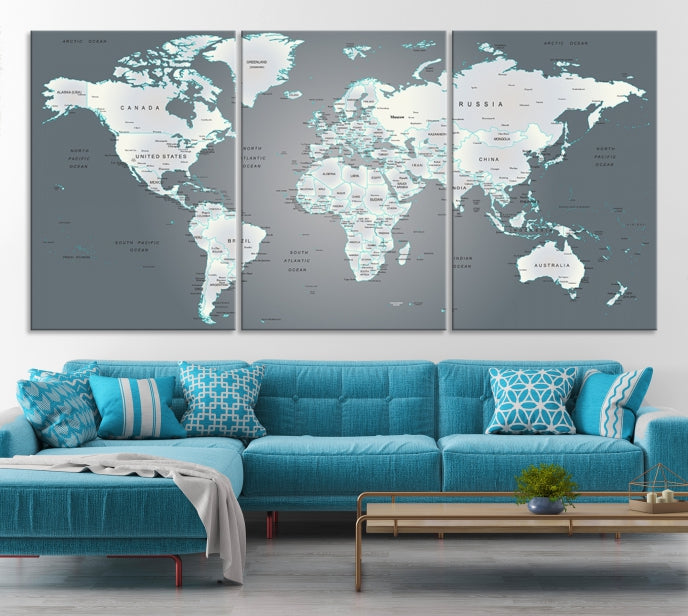 Gray World Map Push Pin Travel Map Canvas Wall Art Giclee Print