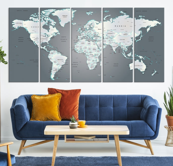 Gray World Map Push Pin Travel Map Canvas Wall Art Giclee Print