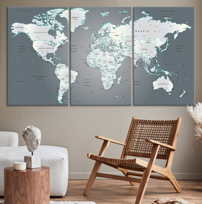 Gray World Map Push Pin Travel Map Canvas Wall Art Giclee Print