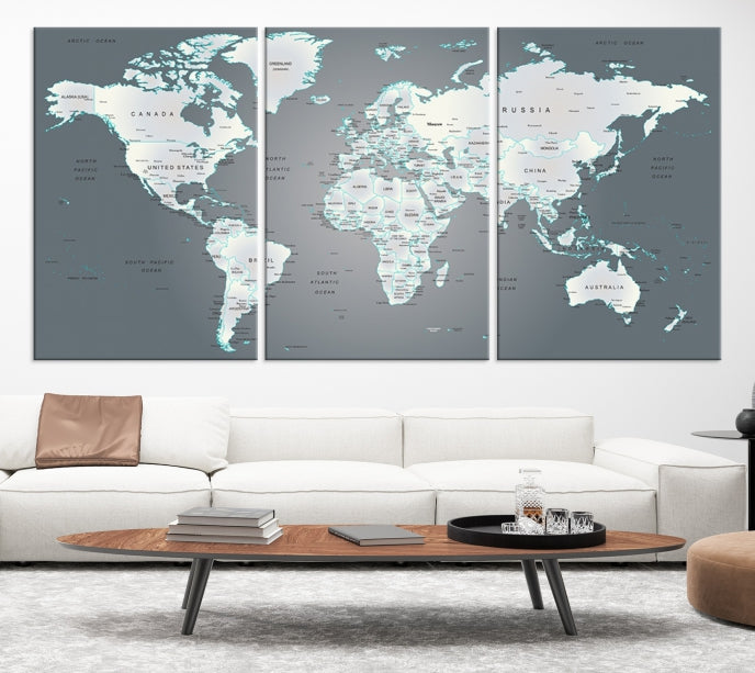 Gray World Map Push Pin Travel Map Canvas Wall Art Giclee Print