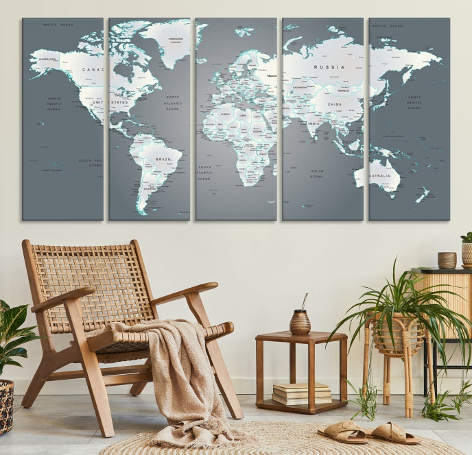 Gray World Map Push Pin Travel Map Canvas Wall Art Giclee Print