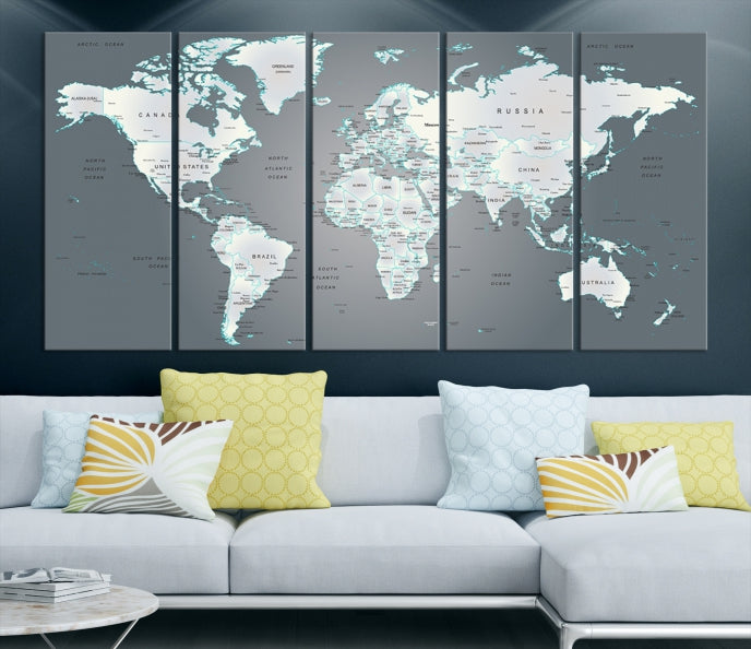 Gray World Map Push Pin Travel Map Canvas Wall Art Giclee Print