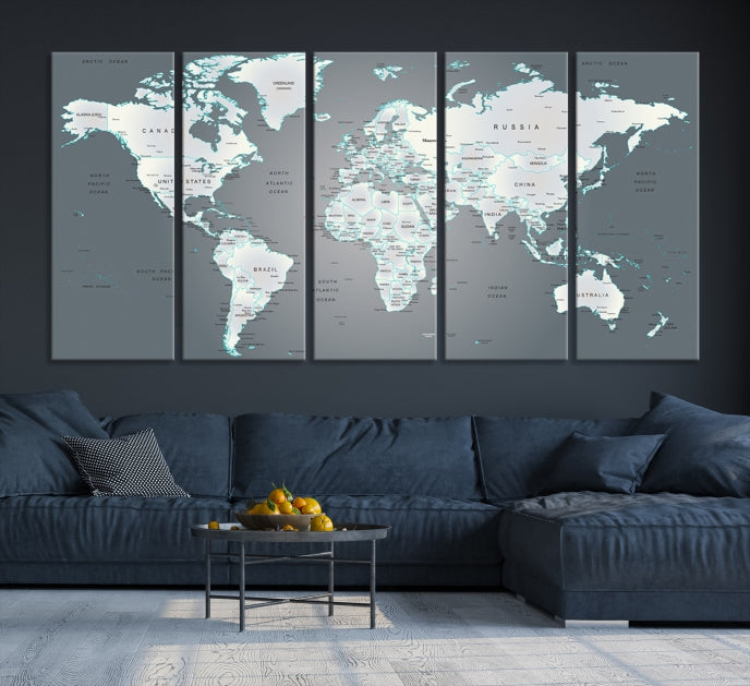 Gray World Map Push Pin Travel Map Canvas Wall Art Giclee Print