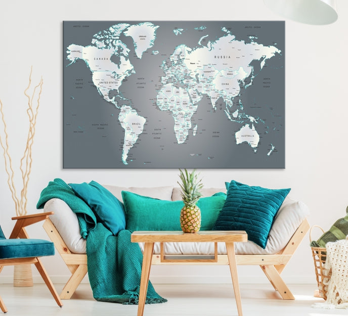 Gray World Map Push Pin Travel Map Canvas Wall Art Giclee Print