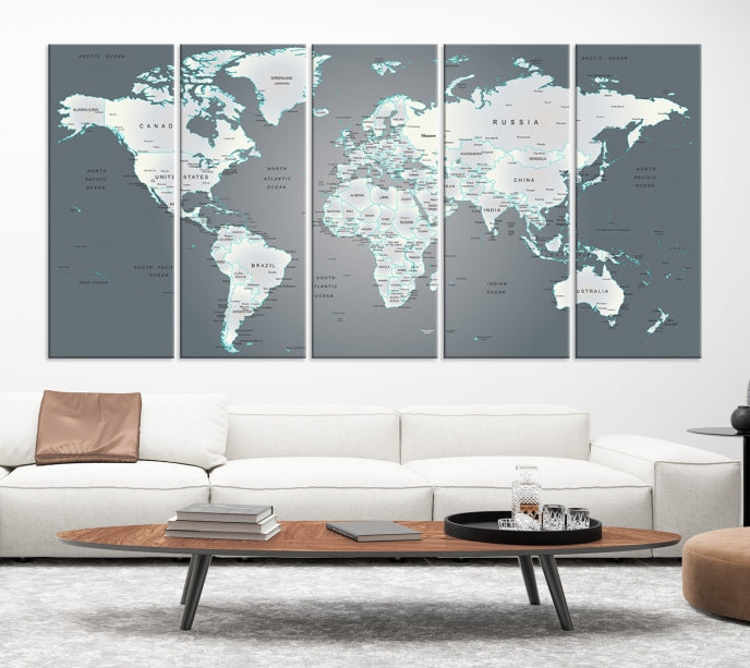 Gray World Map Push Pin Travel Map Canvas Wall Art Giclee Print