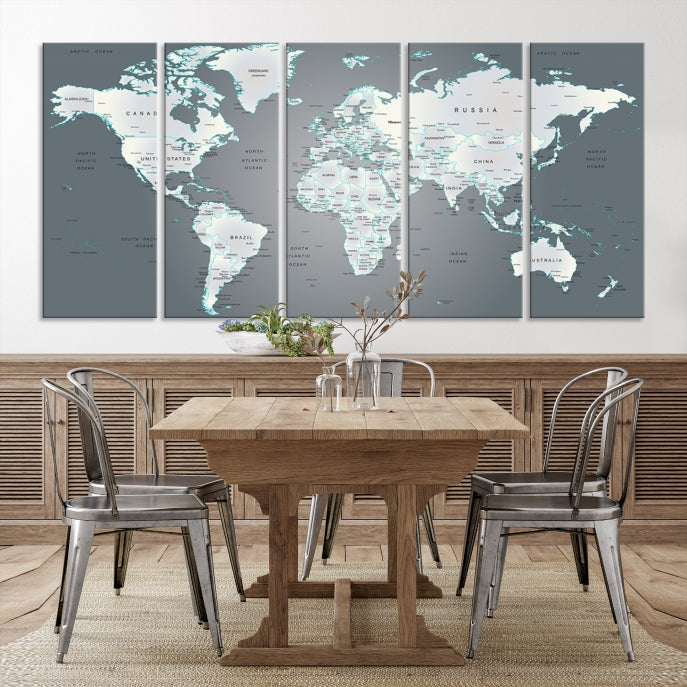 Gray World Map Push Pin Travel Map Canvas Wall Art Giclee Print