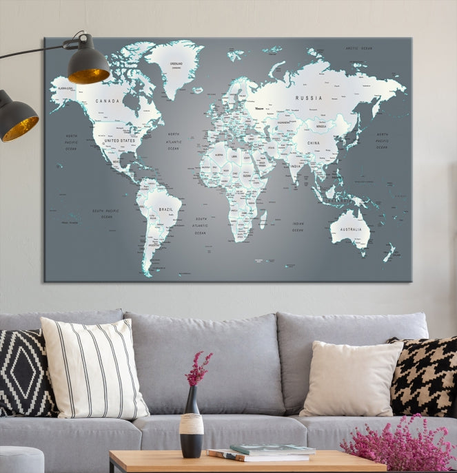 Gray World Map Push Pin Travel Map Canvas Wall Art Giclee Print