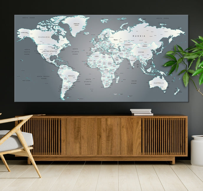 Gray World Map Push Pin Travel Map Canvas Wall Art Giclee Print