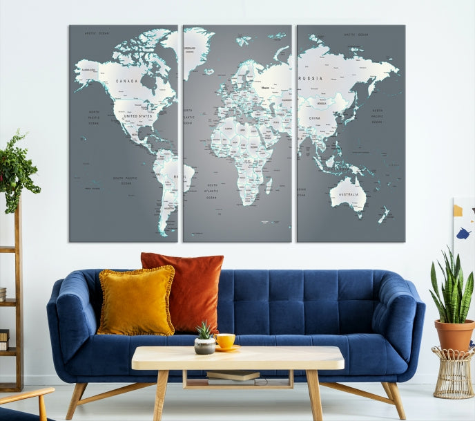 Gray World Map Push Pin Travel Map Canvas Wall Art Giclee Print