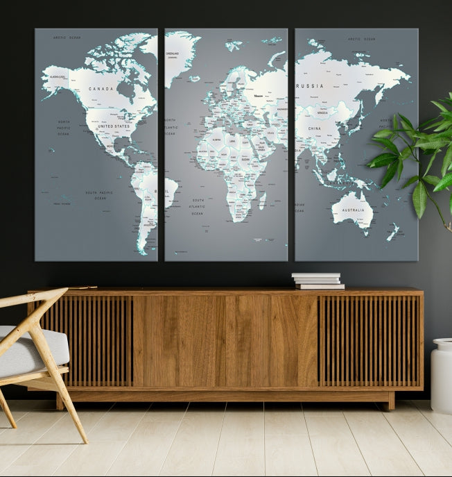 Gray World Map Push Pin Travel Map Canvas Wall Art Giclee Print