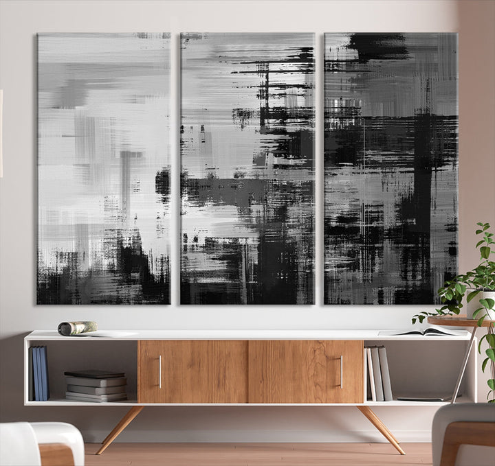 Grayscale Contemporary Paint Drip Abstract Painting on Giclee Canvas Wall Art Print