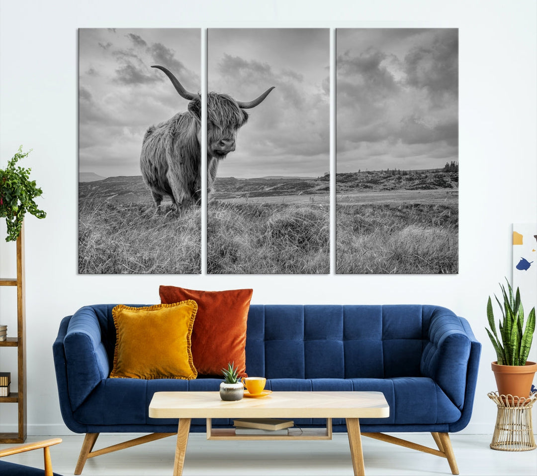 Grayscale Highland Cattle Canvas Art Print Extra Large Wall Art Animal Pictures Canvas Art Cow Print Art Framed Multi Piece Canvas Artwork for Living Room Office Modern Home Decoration