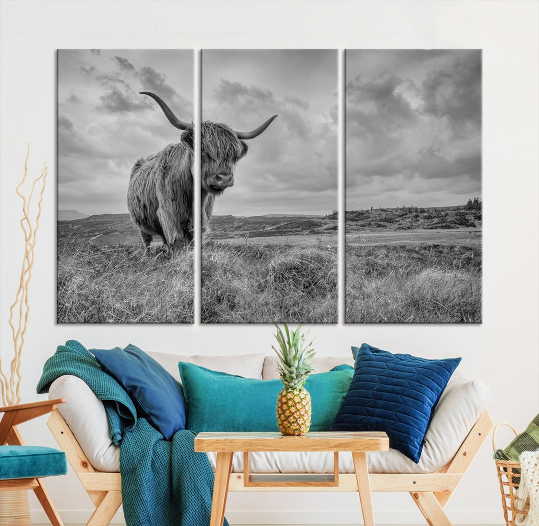 Grayscale Highland Cattle Canvas Art Print Extra Large Wall Art Animal Pictures Canvas Art Cow Print Art Framed Multi Piece Canvas Artwork for Living Room Office Modern Home Decoration