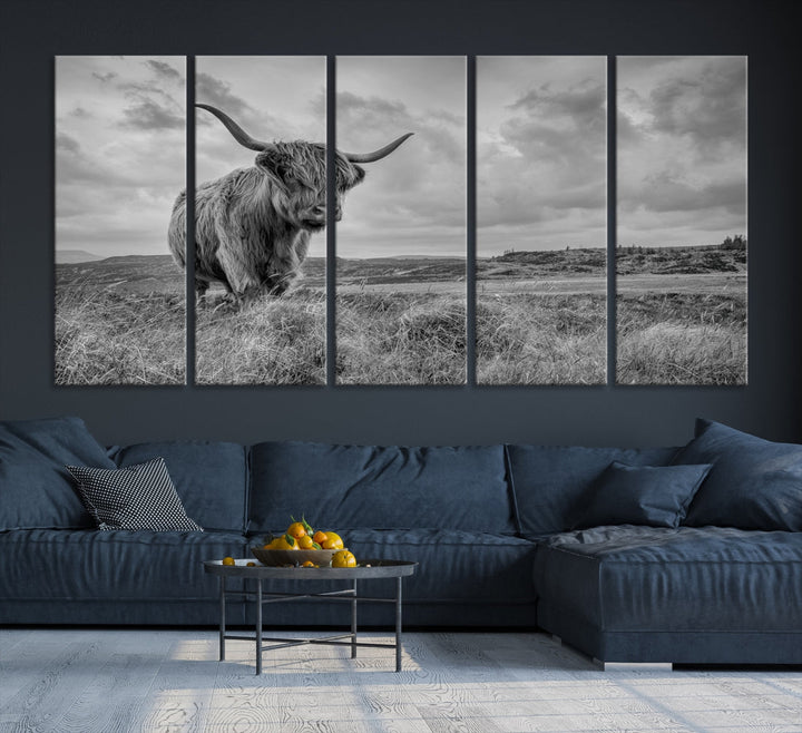 Grayscale Highland Cattle Canvas Art Print Extra Large Wall Art Animal Pictures Canvas Art Cow Print Art Framed Multi Piece Canvas Artwork for Living Room Office Modern Home Decoration