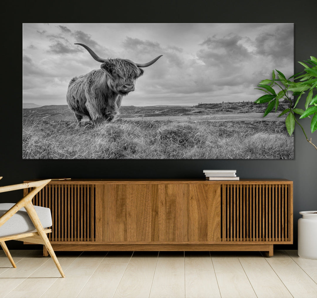 Grayscale Highland Cattle Canvas Art Print Extra Large Wall Art Animal Pictures Canvas Art Cow Print Art Framed Multi Piece Canvas Artwork for Living Room Office Modern Home Decoration