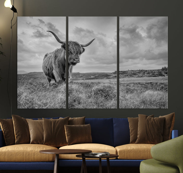 Grayscale Highland Cattle Canvas Art Print Extra Large Wall Art Animal Pictures Canvas Art Cow Print Art Framed Multi Piece Canvas Artwork for Living Room Office Modern Home Decoration