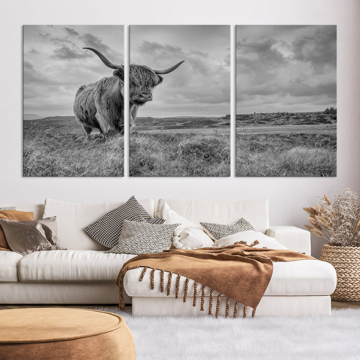 Grayscale Highland Cattle Canvas Art Print Extra Large Wall Art Animal Pictures Canvas Art Cow Print Art Framed Multi Piece Canvas Artwork for Living Room Office Modern Home Decoration