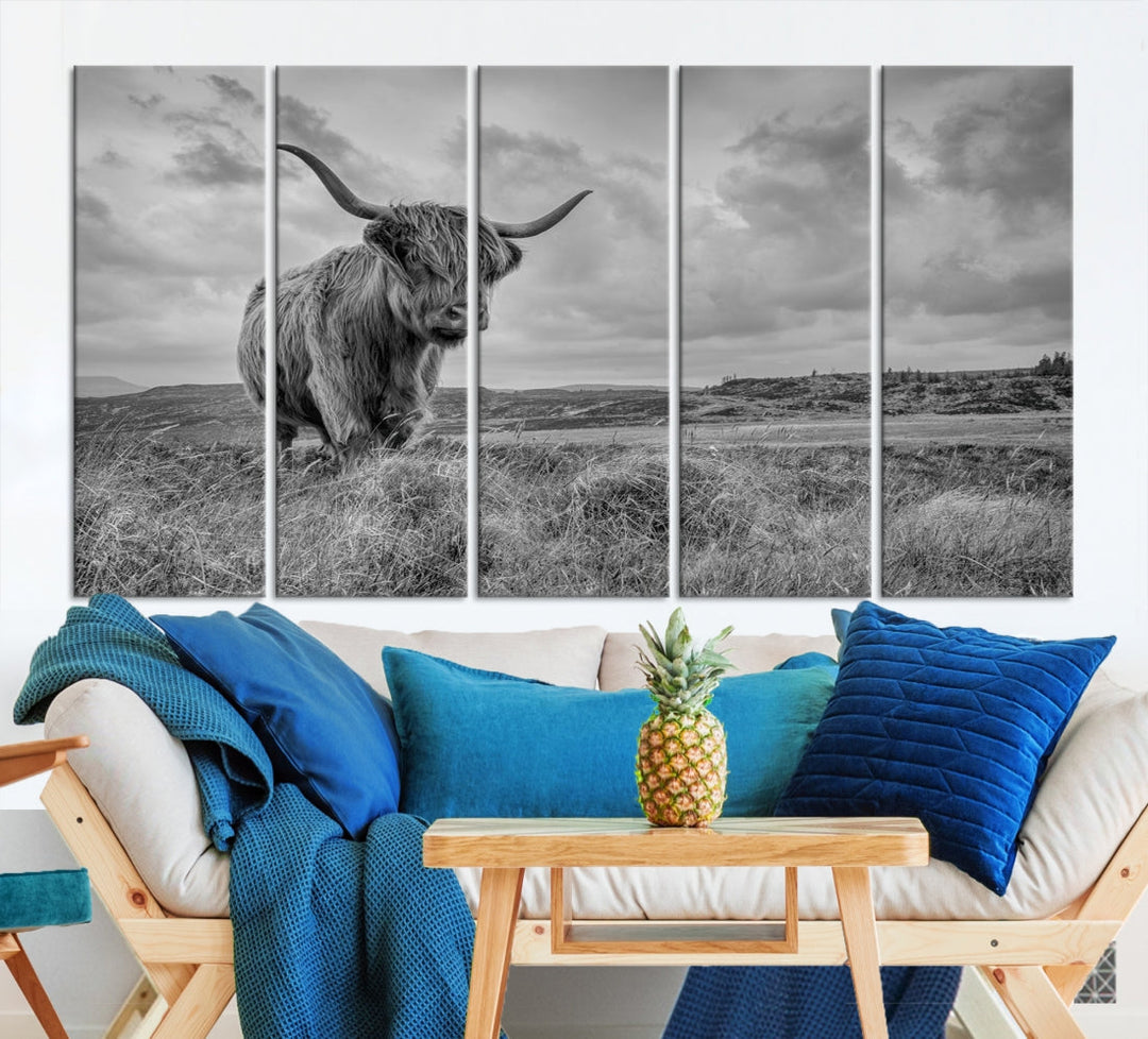 Grayscale Highland Cattle Canvas Art Print Extra Large Wall Art Animal Pictures Canvas Art Cow Print Art Framed Multi Piece Canvas Artwork for Living Room Office Modern Home Decoration