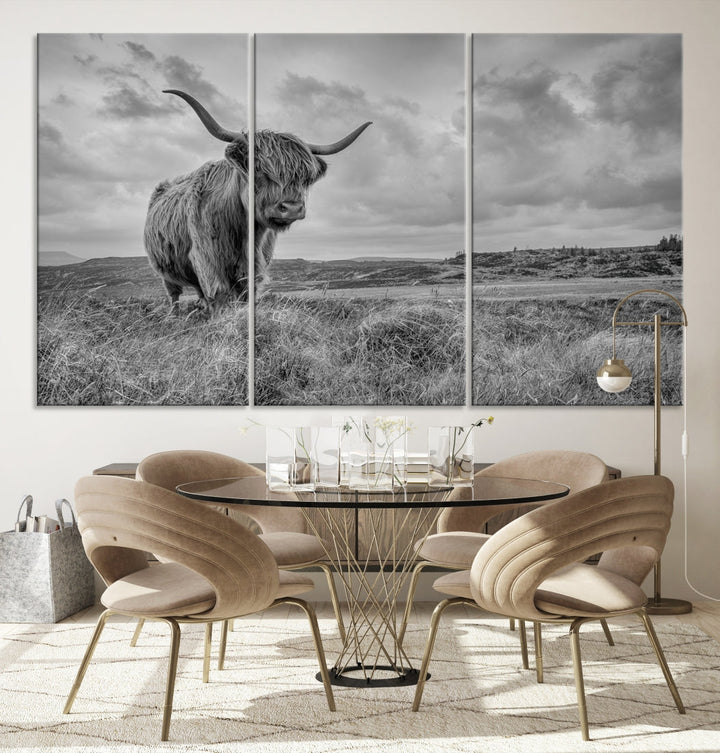 Grayscale Highland Cattle Canvas Art Print Extra Large Wall Art Animal Pictures Canvas Art Cow Print Art Framed Multi Piece Canvas Artwork for Living Room Office Modern Home Decoration