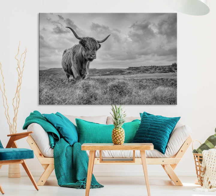 Grayscale Highland Cattle Canvas Art Print Extra Large Wall Art Animal Pictures Canvas Art Cow Print Art Framed Multi Piece Canvas Artwork for Living Room Office Modern Home Decoration