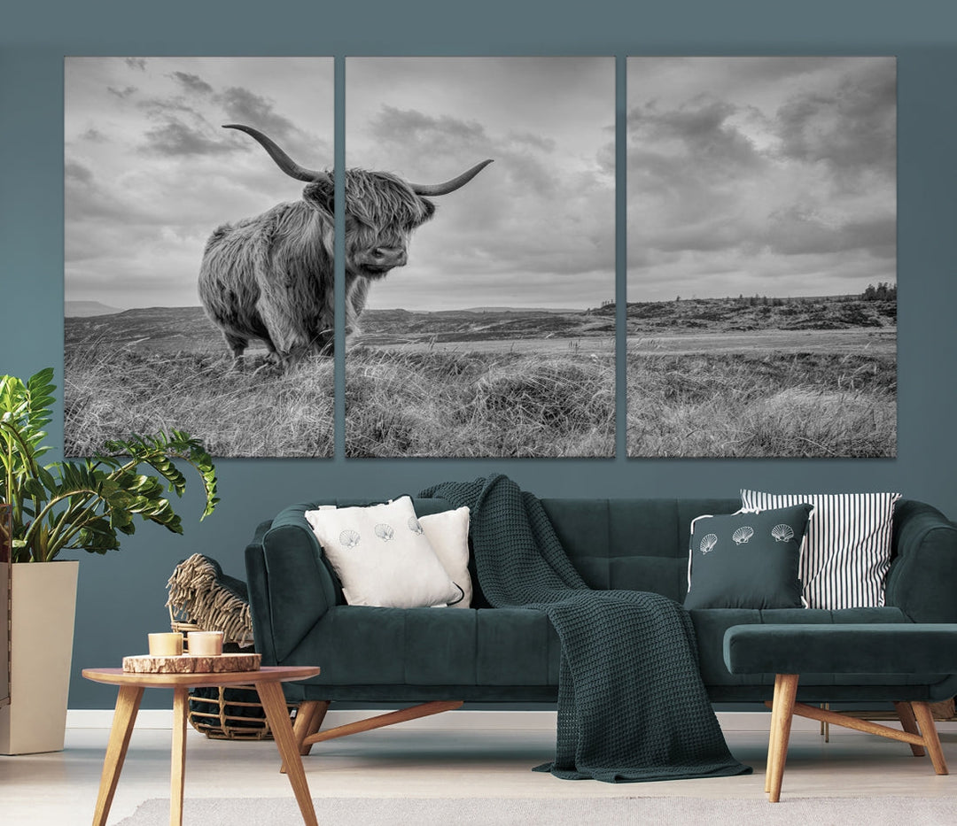 Grayscale Highland Cattle Canvas Art Print Extra Large Wall Art Animal Pictures Canvas Art Cow Print Art Framed Multi Piece Canvas Artwork for Living Room Office Modern Home Decoration