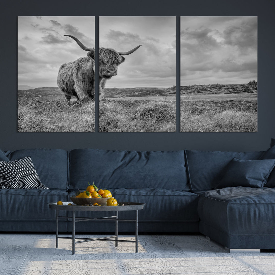 Grayscale Highland Cattle Canvas Art Print Extra Large Wall Art Animal Pictures Canvas Art Cow Print Art Framed Multi Piece Canvas Artwork for Living Room Office Modern Home Decoration