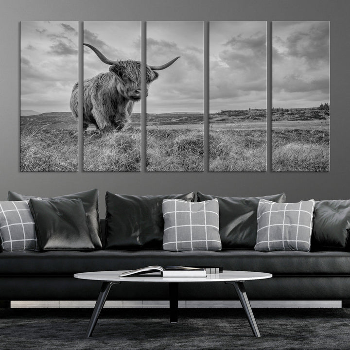 Grayscale Highland Cattle Canvas Art Print Extra Large Wall Art Animal Pictures Canvas Art Cow Print Art Framed Multi Piece Canvas Artwork for Living Room Office Modern Home Decoration