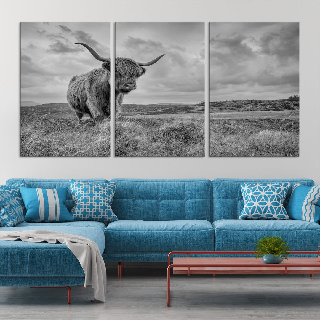 Grayscale Highland Cattle Canvas Art Print Extra Large Wall Art Animal Pictures Canvas Art Cow Print Art Framed Multi Piece Canvas Artwork for Living Room Office Modern Home Decoration