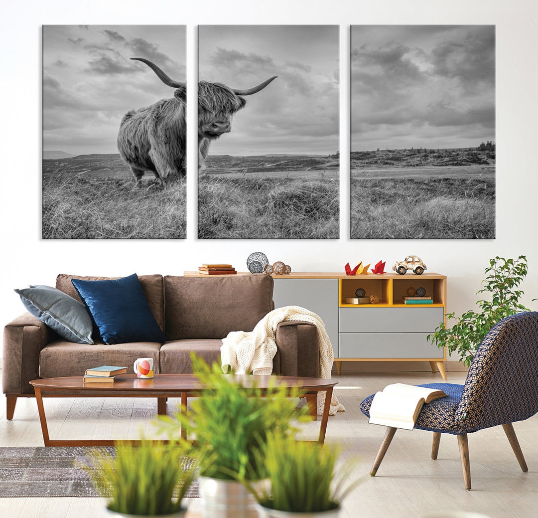 Grayscale Highland Cattle Canvas Art Print Extra Large Wall Art Animal Pictures Canvas Art Cow Print Art Framed Multi Piece Canvas Artwork for Living Room Office Modern Home Decoration