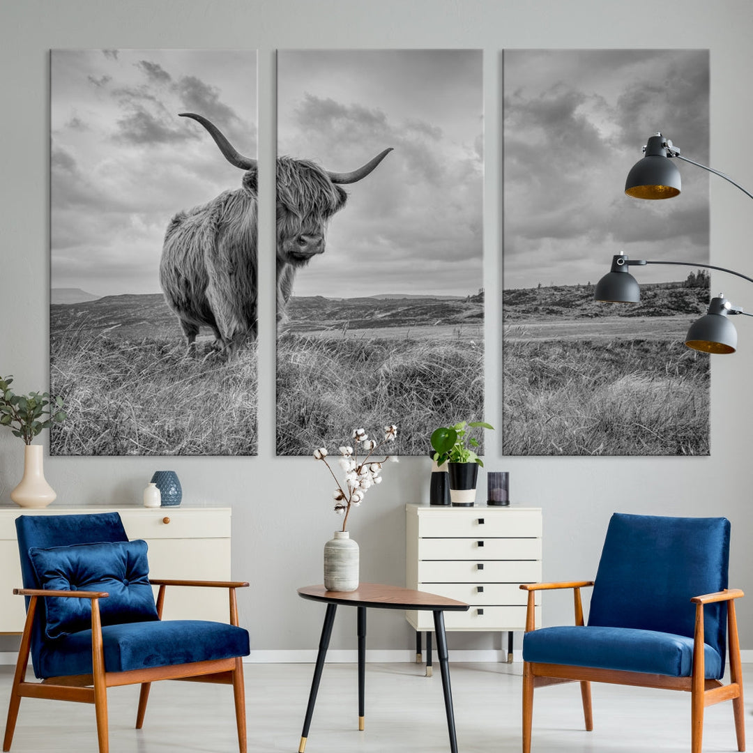 Grayscale Highland Cattle Canvas Art Print Extra Large Wall Art Animal Pictures Canvas Art Cow Print Art Framed Multi Piece Canvas Artwork for Living Room Office Modern Home Decoration