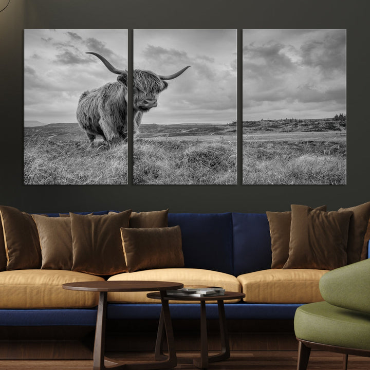 Grayscale Highland Cattle Canvas Art Print Extra Large Wall Art Animal Pictures Canvas Art Cow Print Art Framed Multi Piece Canvas Artwork for Living Room Office Modern Home Decoration