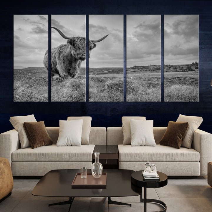 Grayscale Highland Cattle Canvas Art Print Extra Large Wall Art Animal Pictures Canvas Art Cow Print Art Framed Multi Piece Canvas Artwork for Living Room Office Modern Home Decoration