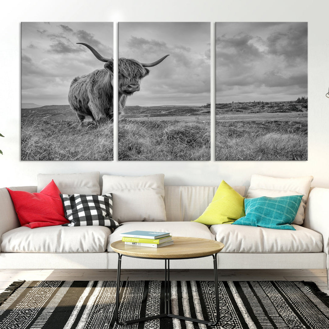 Grayscale Highland Cattle Canvas Art Print Extra Large Wall Art Animal Pictures Canvas Art Cow Print Art Framed Multi Piece Canvas Artwork for Living Room Office Modern Home Decoration