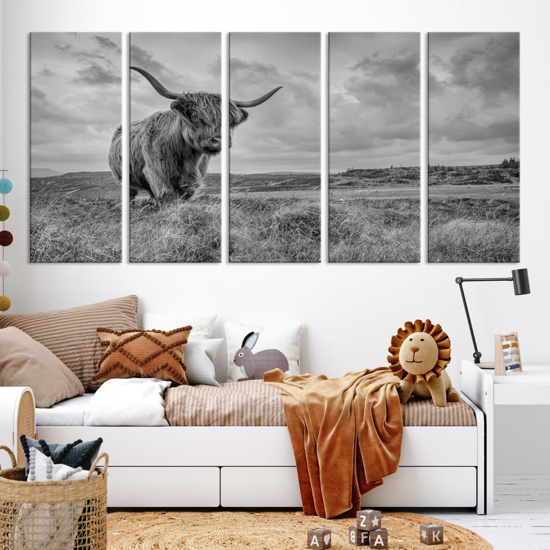 Grayscale Highland Cattle Canvas Art Print Extra Large Wall Art Animal Pictures Canvas Art Cow Print Art Framed Multi Piece Canvas Artwork for Living Room Office Modern Home Decoration