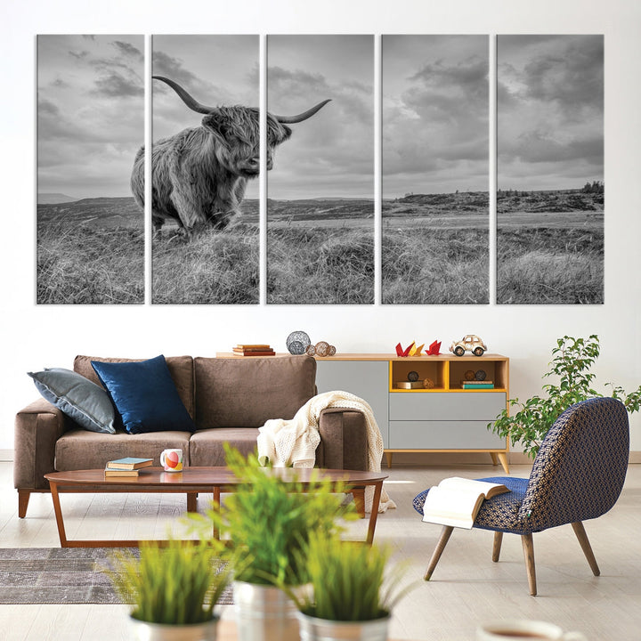 Grayscale Highland Cattle Canvas Art Print Extra Large Wall Art Animal Pictures Canvas Art Cow Print Art Framed Multi Piece Canvas Artwork for Living Room Office Modern Home Decoration