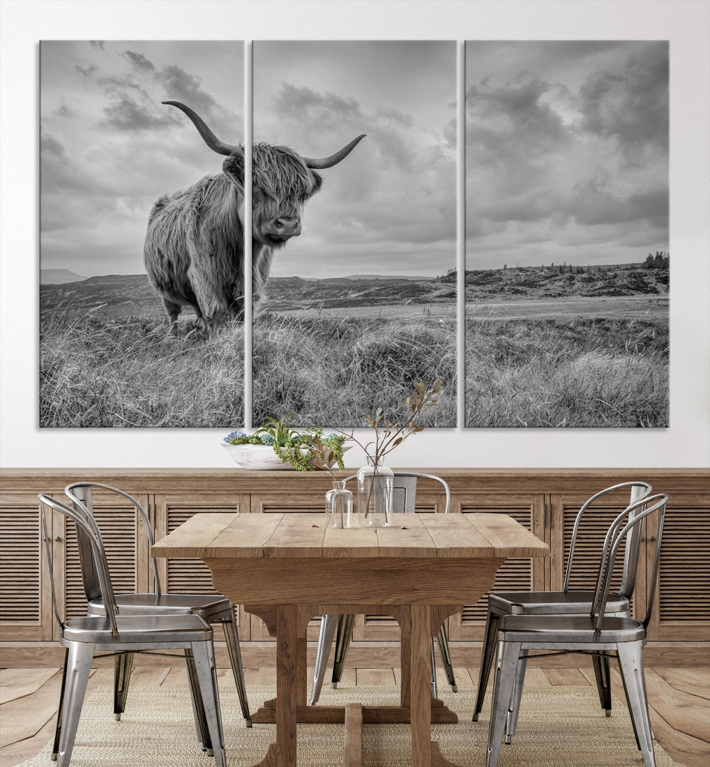 Grayscale Highland Cattle Canvas Art Print Extra Large Wall Art Animal Pictures Canvas Art Cow Print Art Framed Multi Piece Canvas Artwork for Living Room Office Modern Home Decoration