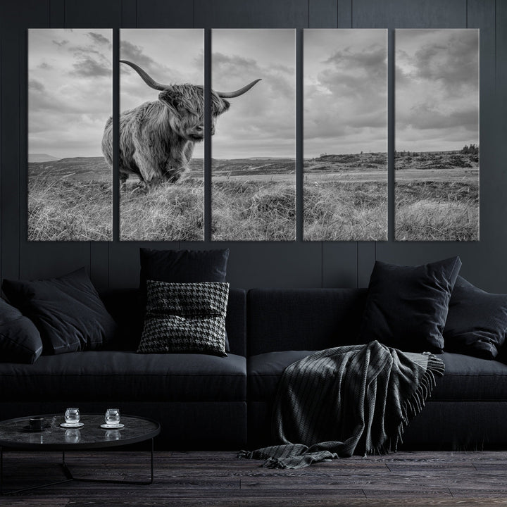 Grayscale Highland Cattle Canvas Art Print Extra Large Wall Art Animal Pictures Canvas Art Cow Print Art Framed Multi Piece Canvas Artwork for Living Room Office Modern Home Decoration