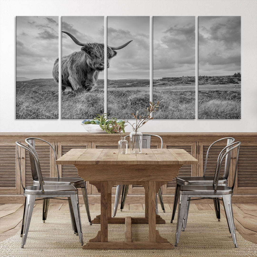 Grayscale Highland Cattle Canvas Art Print Extra Large Wall Art Animal Pictures Canvas Art Cow Print Art Framed Multi Piece Canvas Artwork for Living Room Office Modern Home Decoration