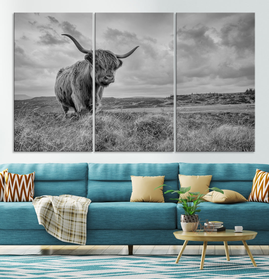 Grayscale Highland Cattle Canvas Art Print Extra Large Wall Art Animal Pictures Canvas Art Cow Print Art Framed Multi Piece Canvas Artwork for Living Room Office Modern Home Decoration