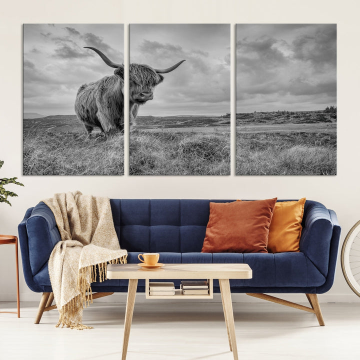 Grayscale Highland Cattle Canvas Art Print Extra Large Wall Art Animal Pictures Canvas Art Cow Print Art Framed Multi Piece Canvas Artwork for Living Room Office Modern Home Decoration