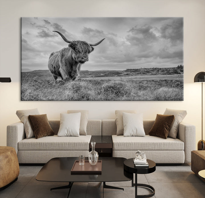 Grayscale Highland Cattle Canvas Art Print Extra Large Wall Art Animal Pictures Canvas Art Cow Print Art Framed Multi Piece Canvas Artwork for Living Room Office Modern Home Decoration