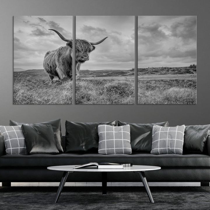 Grayscale Highland Cattle Canvas Art Print Extra Large Wall Art Animal Pictures Canvas Art Cow Print Art Framed Multi Piece Canvas Artwork for Living Room Office Modern Home Decoration