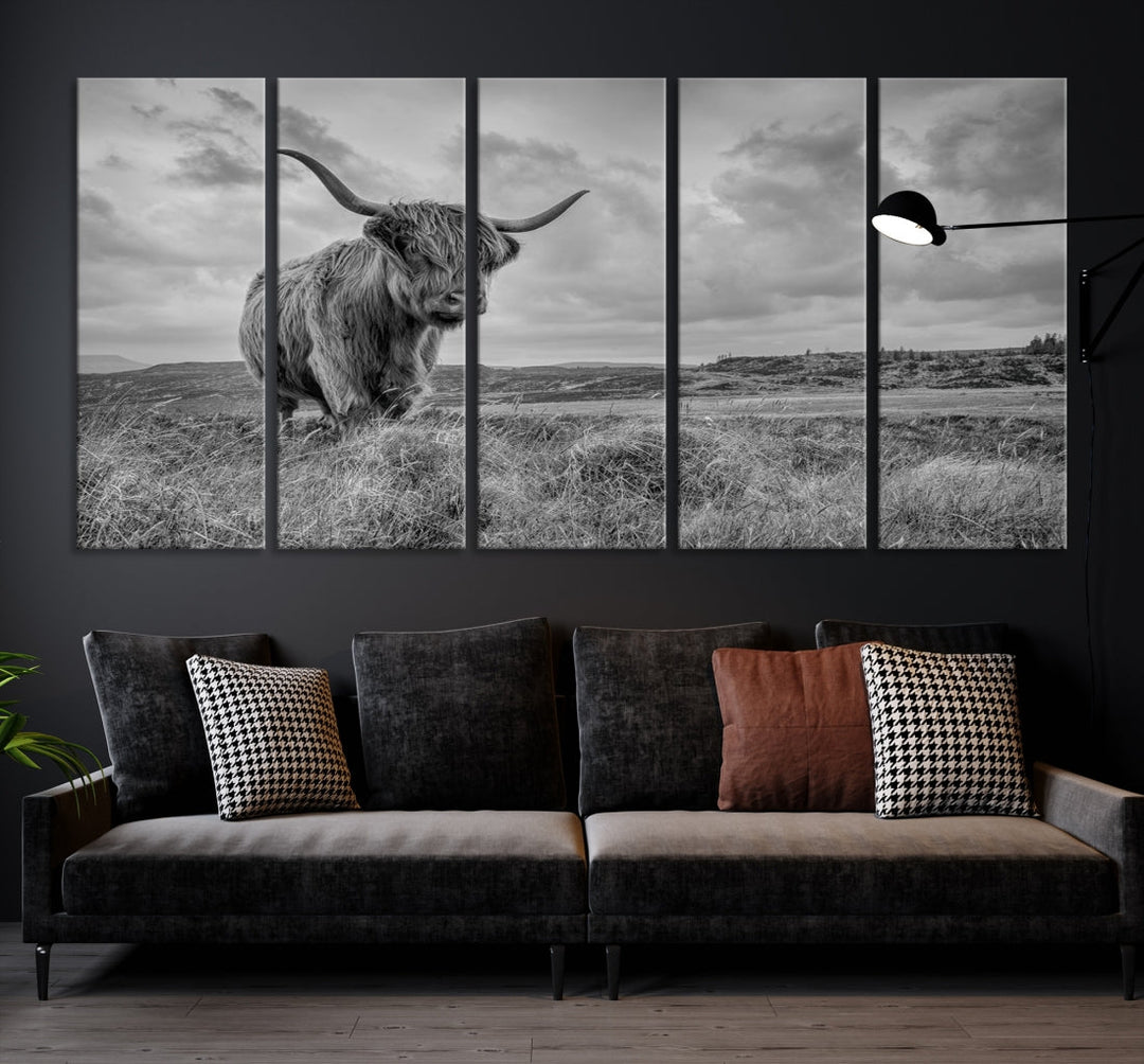 Grayscale Highland Cattle Canvas Art Print Extra Large Wall Art Animal Pictures Canvas Art Cow Print Art Framed Multi Piece Canvas Artwork for Living Room Office Modern Home Decoration